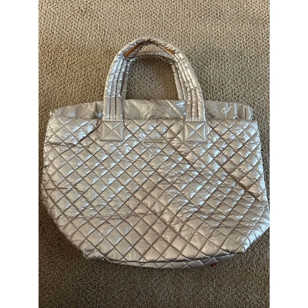 MZ Wallace Metro Tote Deluxe Medium Metallic Rose Gold Quilted Nylon Travel Bag